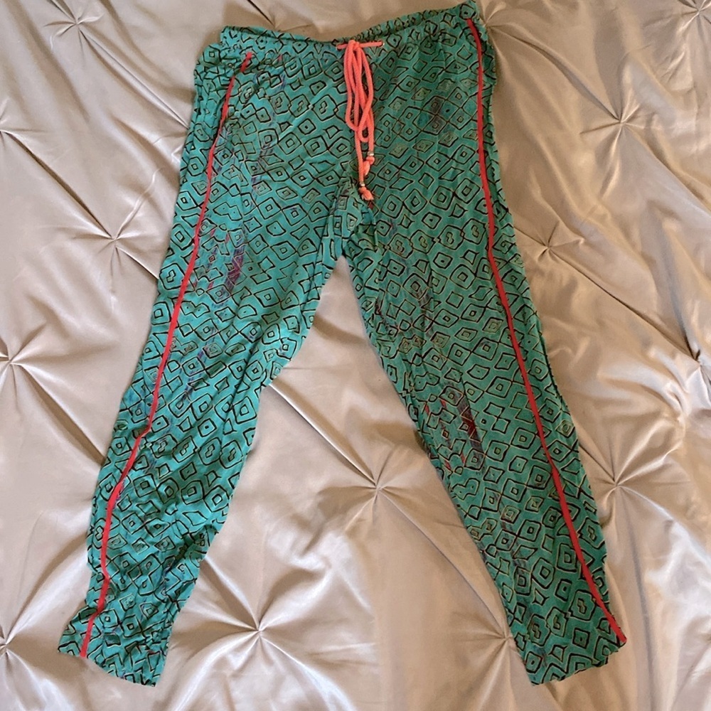Anthropologie Hei Hei Geometric Drawstring Jogger Pants Teal Coral Boho 🌴 - Picture 2 of 7